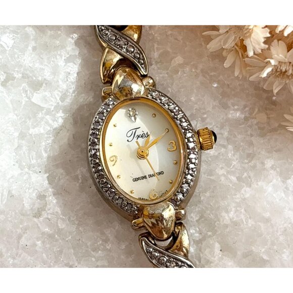 Tres XOXO Genuine Diamond Dual Toned Ladies Vintage Wristwatch - 18mm - WORKS! - Picture 1 of 14
